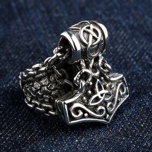 Mjolnir Charm and Scale Sterling Silver Ring shown in hammer front angle view.