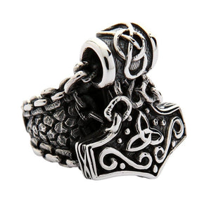 Mjolnir Charm and Scale Sterling Silver Ring shown in hanging hammer oblique view.