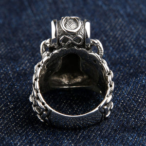 Mjolnir Charm and Scale Sterling Silver Ring shown in inner band and hammer view.