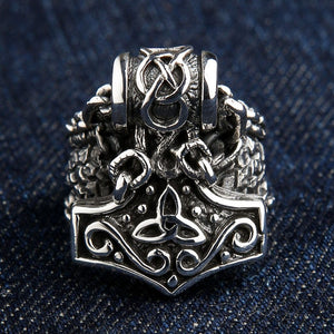 Mjolnir Charm and Scale Sterling Silver Ring shown in mjolnir front detail view.