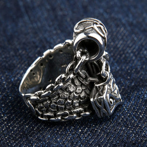 Mjolnir Charm and Scale Sterling Silver Ring shown in opposite scale profile view.