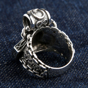 Mjolnir Charm and Scale Sterling Silver Ring shown in rear loop profile view.