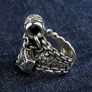 Mjolnir Charm and Scale Sterling Silver Ring shown in triquetra loop top view.