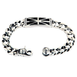 Black Union Jack Sterling Silver ID Bracelet shown in complete curb chain curve view.