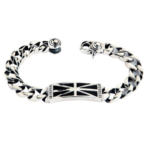 Black Union Jack Sterling Silver ID Bracelet shown in flag panel end fittings view.
