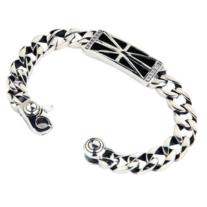Black Union Jack Sterling Silver ID Bracelet shown in flag plate clasp angle view.