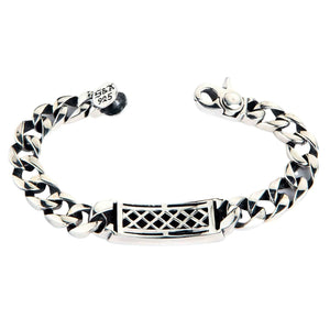 Black Union Jack Sterling Silver ID Bracelet shown in open plate reverse view.