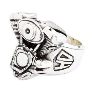 Anel Motor de Moto V-Twin em Prata de Lei, perfil lateral do motor