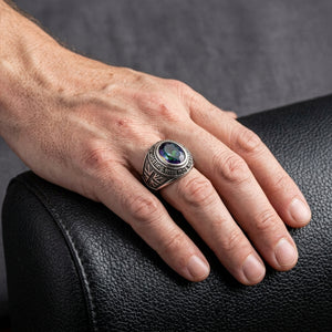 Mystic Quartz Union Jack silver ring shown from the front on a hand at a smaller scale
