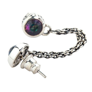 Close view of the topaz setting, silver chain and opposing stud back