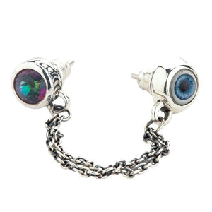 Engraved silver bezels around the multicolor topaz and acrylic eye
