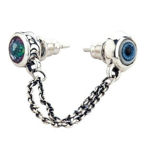 Mystic topaz and blue acrylic eye studs joined by two silver chains