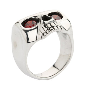 Natural Garnet Eye Sterling Silver Skull Ring. Face inner band.
