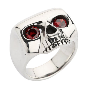 Natural Garnet Eye Sterling Silver Skull Ring. Garnet eyes front.