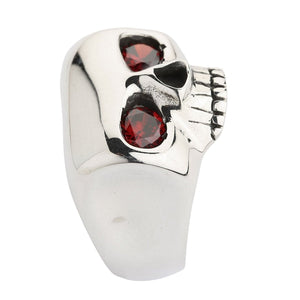 Natural Garnet Eye Sterling Silver Skull Ring. Left skull profile.