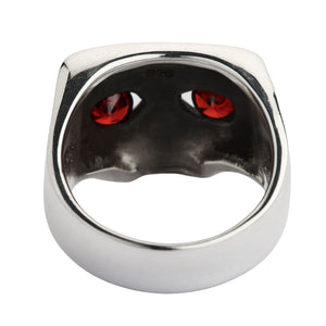 Natural Garnet Eye Sterling Silver Skull Ring. Open reverse eye settings.