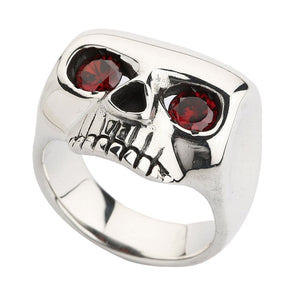 Natural Garnet Eye Sterling Silver Skull Ring. Skull opposite angle.