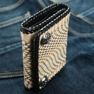 Natural Snakeskin Trifold Biker Wallet showing the thick braided edge and folded trifold profile.