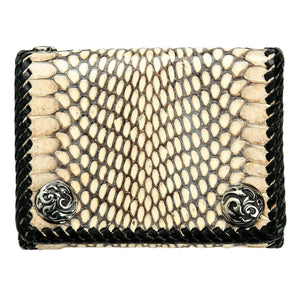 Natural Snakeskin Trifold Biker Wallet showing cream and black front with two silver-plated snaps.
