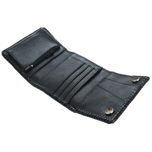Natural Snakeskin Trifold Biker Wallet showing inner card storage and chain grommet at an angle.