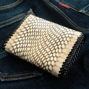 Natural Snakeskin Trifold Biker Wallet showing the unfastened rear panel with natural snake scales.