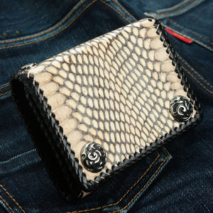 Natural Snakeskin Trifold Biker Wallet showing the patterned front, round snaps and braided edging.