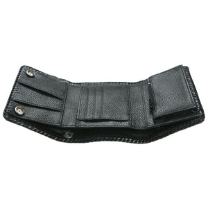 Natural Snakeskin Trifold Biker Wallet showing the fully opened black card rows and zip compartment.