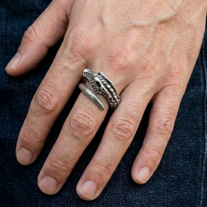 Norse Dragon Sterling Silver Adjustable Ring, aligned straight along one middle finger