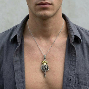 Number 13 Skeleton Hand Sterling Silver Pendant, worn on the neck with collarbones, shoulders and upper chest visible