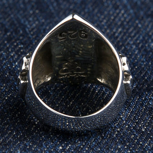 One Percent Skull Shoulder Sterling Silver Ring shown in inner band reverse view.