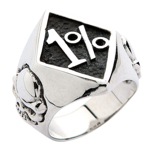 One Percent Skull Shoulder Sterling Silver Ring shown in one percent face front view.
