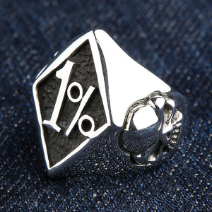One Percent Skull Shoulder Sterling Silver Ring shown in raised one percent detail view.
