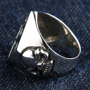 One Percent Skull Shoulder Sterling Silver Ring shown in right skull shoulder view.