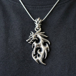Openwork Flaming Dragon Sterling Silver Pendant, worn chest detail