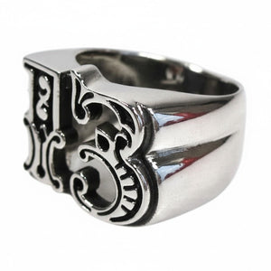 Openwork Gothic 13 Sterling Silver Ring shown in broad band side view.