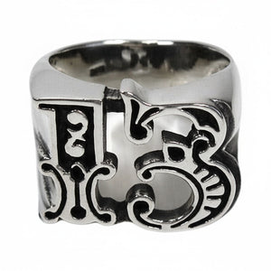 Openwork Gothic 13 Sterling Silver Ring shown in gothic number face top view.