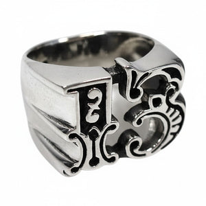 Openwork Gothic 13 Sterling Silver Ring shown in scroll numerals oblique view.