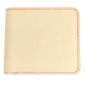 Pearl White Stingray Bifold with Coin Pocket showing the pale pearl cluster and tan-stitched border.