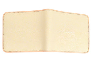 Pearl White Stingray Bifold with Coin Pocket showing the pale stingray exterior opened across both panels.