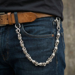 Phantom Skull Sterling Silver Wallet Chain, 22-inch length worn over dark denim