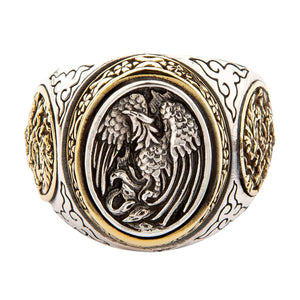 Anel de sinete fênix e dragão em prata de lei 925, face oval da fênix