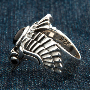 Phoenix Black Star Stone Sterling Silver Ring, bird head angle