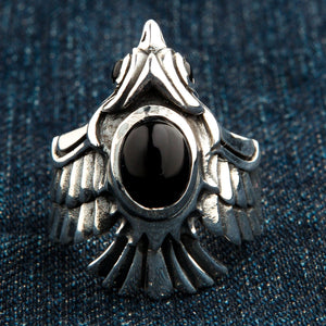 Phoenix Black Star Stone Sterling Silver Ring, front