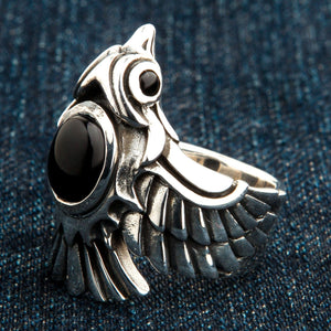 Phoenix Black Star Stone Sterling Silver Ring, opposite front angle