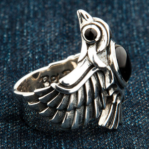 Phoenix Black Star Stone Sterling Silver Ring, right band profile
