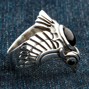 Phoenix Black Star Stone Sterling Silver Ring, wing and head profile