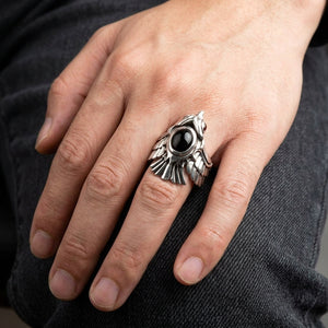 Phoenix Black Star Stone Sterling Silver Ring, worn on hand