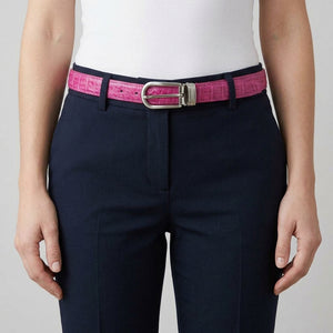 Pink Crocodile Leather Women's Belt worn at the waist