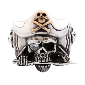 Pirate Skull Sterling Silver Ring with Gold Jolly Roger, pirate skull ring front