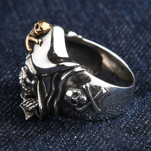 Pirate Skull Sterling Silver Ring with Gold Jolly Roger, ring interior hallmark